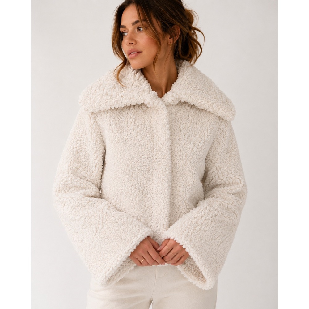 H&M Divided Cream Faux Shearling Teddy Jacket Oversized Collar S Cozy Minimalist